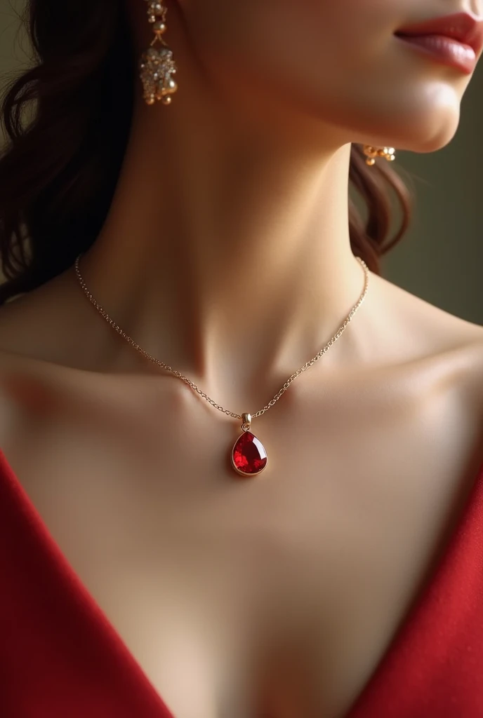 A women nicklace with a thin chain connected at the end a red dimond
