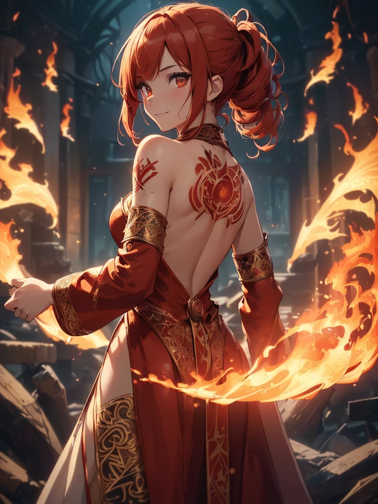 (((best quality, sharp image, clear image, cinematic lighting, 8k resolution, masterpiece, ultra detailed, intricate))) Girl, ((shot from behind)), ((close up)), look at viewer, fire mage, ((intricate background)), ((chaotic background)), red hair, smiling, ((flame runes, flame sigils)), (tatoo on back), slim figure, flying sigils, long dress, cute