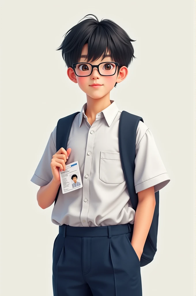 make an image about a korean boy that is wearing a school uniform and has a bag in his back and his holding an school id and he’s wearing glasses