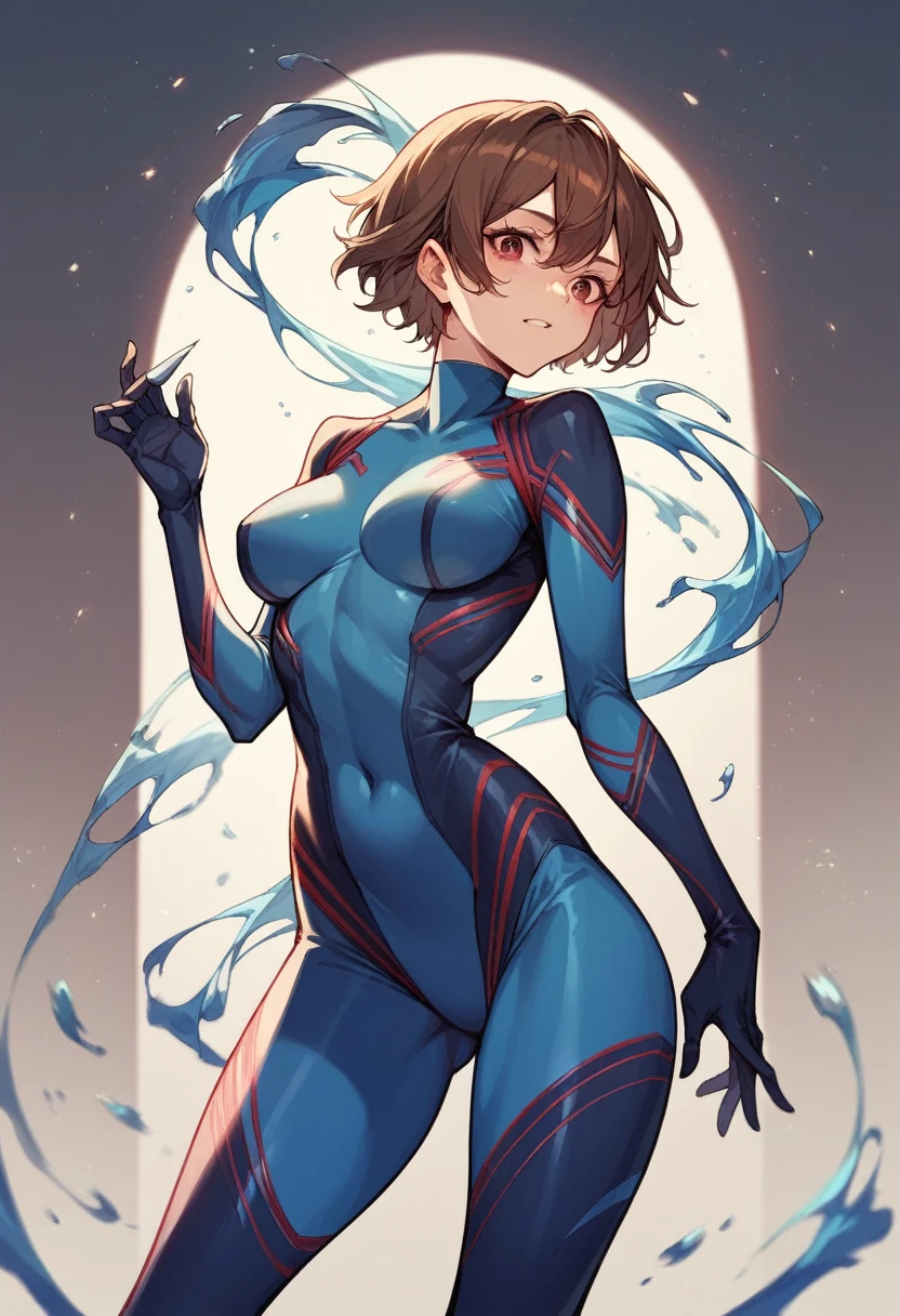 1girl, short brown hair, red and blue spider suit