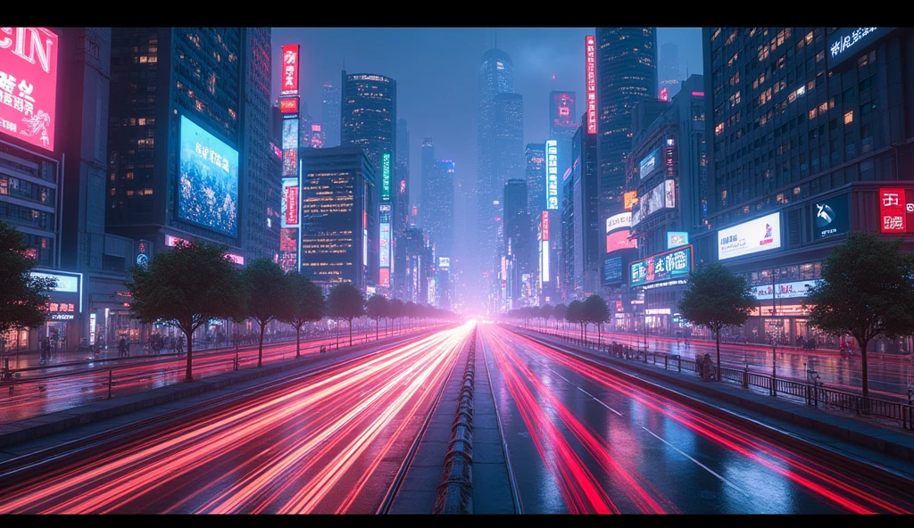 High definition、high quality、masterpiece、Overlooking Neon Street、Lines of Light、many buildings、Car Lights