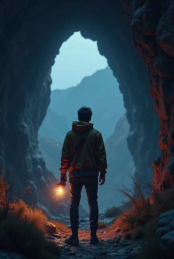 Mr Beast stands in front of the cave with a torch in hand