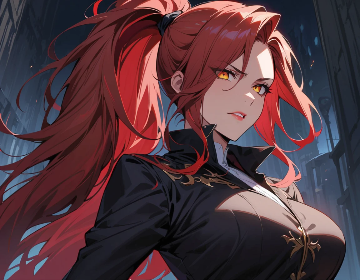 Long red hair, yellow eyes, evil, sexy, black and red clothes, tied hair, cute hairstyle, evil face, evil, serious look, gloss lips, sit, sinister, front look, bloody, gloves, beautiful eyes, short dress, big white, dark place, night, sensual, straigh hair cut, clear skin, evil, young 30 years girl, adult girl, solo, red, very long hair, HAIR DOWN, ANKLE LENGTH HAIR, FIERCE EXPRESSION, villain, handsome older WOMAN，crimson-eyes，crimson pupils，Long CRIMSONhair，Hyperresolution，accuracy，Detailed rendering，（Subtle facial image）（Image of fine hair）（topquality）（Masterpieces of masters）（High degree of completeness）（A sense of atmosphere）tmasterpiece，Super detailed and super detailed（portrait))(((Mature woman))) (((Villain))) (((Older female)))(((half body view)))(((Hair tied back into a long ponytail)))(((cLOSE UP)))