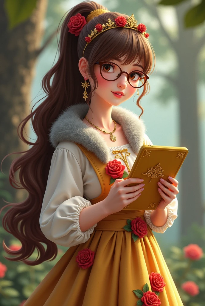 Imagem da filha da Ramona Badwof e da Rosabella Beauty de Ever After High: You have to have a long wavy brown ponytail with bangs and red highlights in your hair, first of all, light brown eyes, brown glasses with a red rose, long white blouse with red roses and green leaves on the blouse and sleeves, golden skirt with golden roses, a faux fur collar around the neck of gray color, brown high heel boots with roses, golden flower tiara on head, wolf earrings, wolf pendant and a yellow tablet with red roses in hands