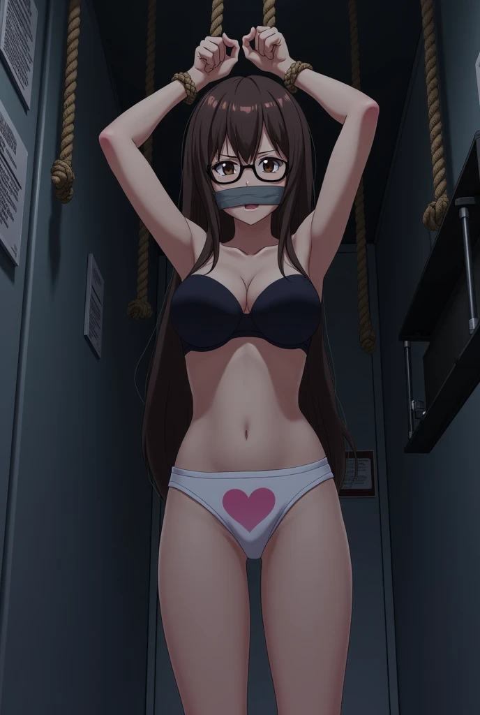 sekijou sawako, shibari, bondage, bound, brown hair, long hair, black eye glasses, arms up, stripped, best quality, ultra-detailed, high resolution, extremely detailed cg, unity 8k wallpaper, masterpiece, perfect body, anime picture, femsub, BDSM, white panty with multiple pink small hearts design, black bra, small breasts, at night, standing, dark room, teary-eyed, gagged, over the mouth gag, duct tape, Sekijou Sawako, gym storeroom, wrist tied up together above her head, ropes, suspension rope from ceiling, standing nearby wall, bracing,
