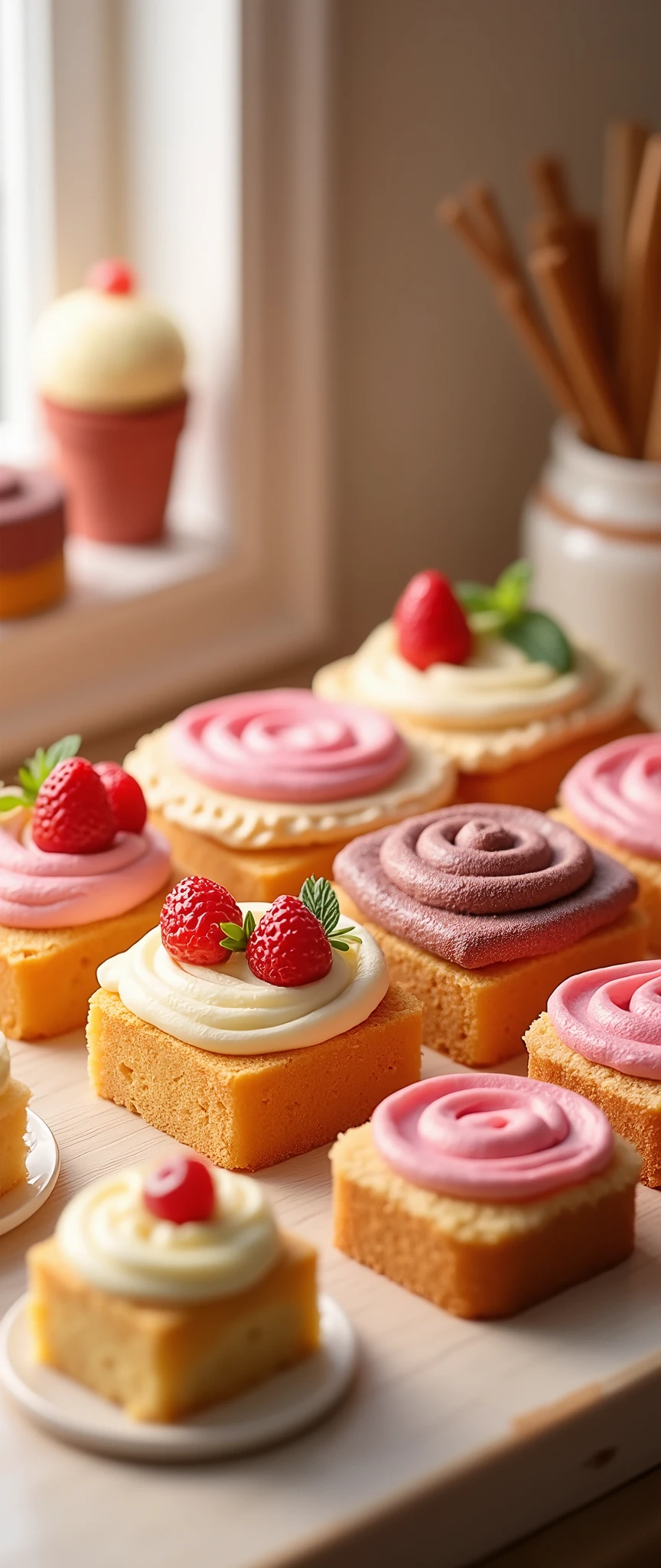(masterpiece:1.2, Highest quality,Ultra-high resolution,Super detailed),8k,(wallpaper),(Photorealistic:2.0),(RAW Photos:2.0),(Plastic Models:2.0),(Cake shopで働くちびキャラのかわいい女性Pastry chef:2.0),(Cake shopには様々Roll cakes made with various fruits are arranged in a square shape.,Cake shop,Pastry chef,Very simple design),(Isometric 3D diorama:2.0),Matte Paint