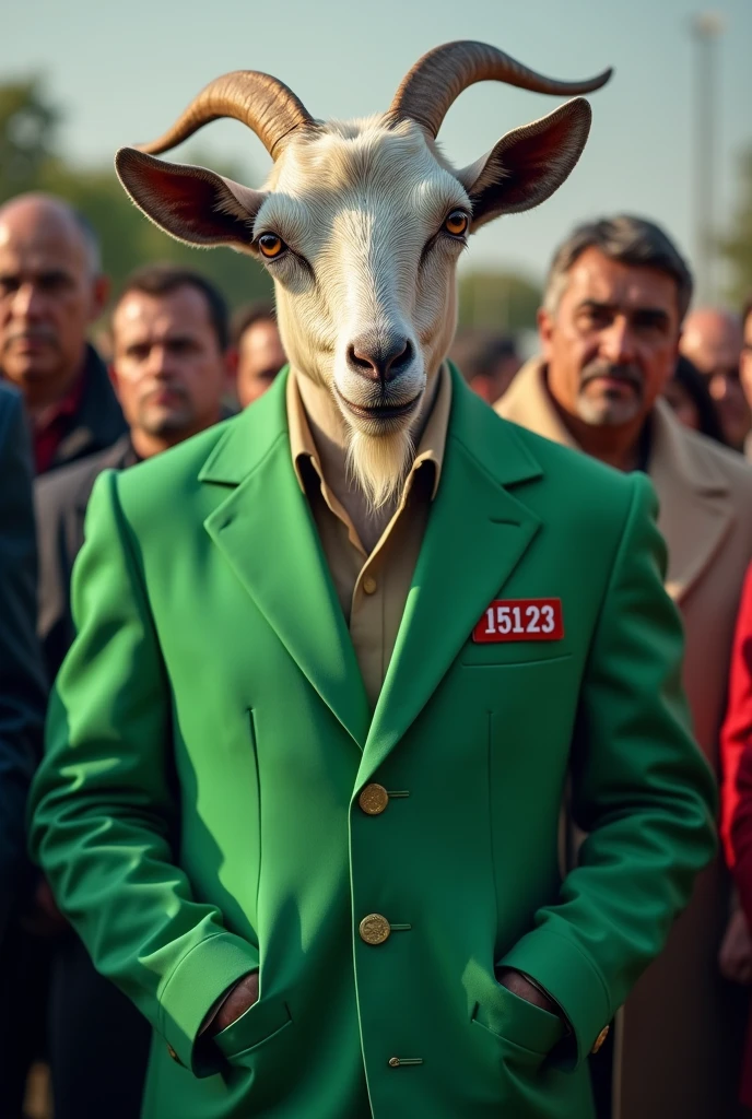 Political goat dressed in green named Fabrício number 15123 with people in the background