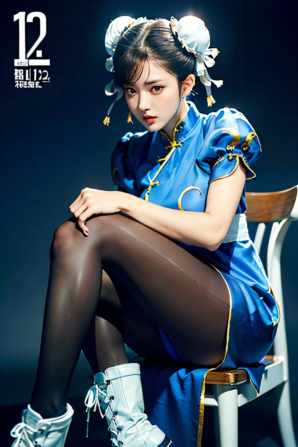 (Chun-Li from Street Fight II:1.2,perfect chun li costume:1.2,Blue cheongsam with gold lines:1.2,Bun head:1.2,bun cover:1.2,fighting pose:1.2,masterpiece:1.2、1 beautiful girl:1.2、fine eyes:1.2、puffy eyes:1.2、highest quality:1.2, 超High resolution:1.2, (reality: 1.4), movie lighting:1.2、Japanese:1.2、asian beauty:1.2、Korean:1.2、super beautiful:1.2、beautiful skin:1.2、body facing forward:1.2、(Full body:1.2,sitting:1.2,chair:1.2,legs togehter:1.2)、(超reality的な:1.2)、(High resolution:1.2)、(8k:1.2)、(very detailed:1.2)、(美しくfine eyes:1.2)、(Super detailed:1.2)、 (simple background:1.2)、detailed face:1.2、bright lighting:1.2、professional lighting:1.2、looking at the viewer:1.2、look straight ahead:1.2、slanted bangs:1.2、Nogizaka Idol:1.2、korean idol:1.2、masterpiece:1.2, highest quality:1.2, masterpiece:1.2, highest quality:1.2, perfect face:1.2, perfect brown eyes with white sclera:1.2, bad move-5:1.2, alone:1.2, 1 girl:1.2, brown hair:1.2, From SF2:1.2, Chinese service:1.2, muscular woman:1.2, blue clothes:1.2, pantyhose:1.2, pelvic curtain:1.2, Puffy short sleeves:1.2, Good cover:1.2, sash:1.2, evaluation:safety:1.2,beauty calves:1.2,white boots:1.2),