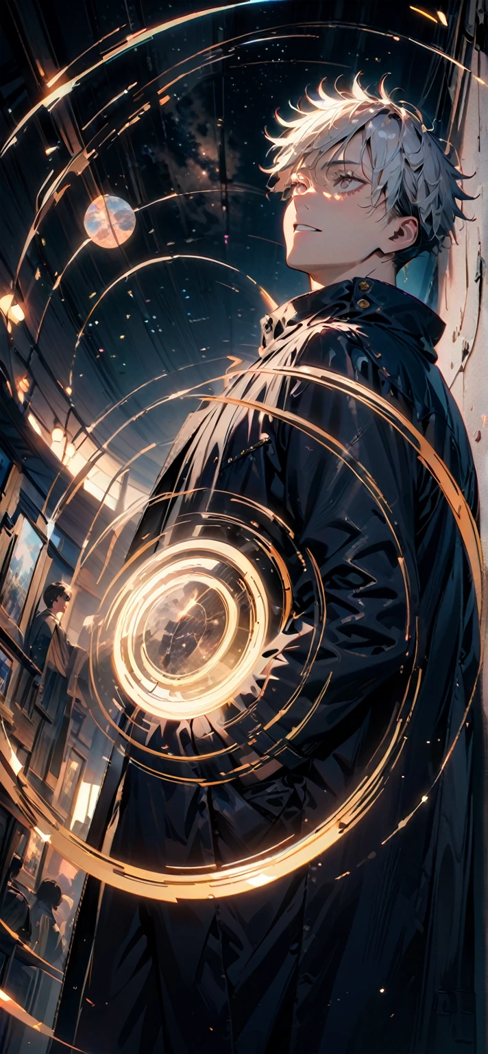 8k,wallpaper of extremely detailed CG unit, masterpiece,hight resolution,top-quality,top-quality real texture skin,hyper realisitic,increase the resolution,RAW photos,best qualtiy,highly detailed,the wallpaper,cinematic lighting,ray trace,golden ratio, BREAK ,many stars twinkling in a beautiful bright winter night sky, long exposure starry sky with many circular orbits, silhouette of a very handsome man with white short hair with his hands in his coat pockets looking up at it, (the man is gojo in Jujutsu Kaisen, man focus), photo taken from long distance, photo from below, beautiful kaleidoscope multiple exposures overlapping