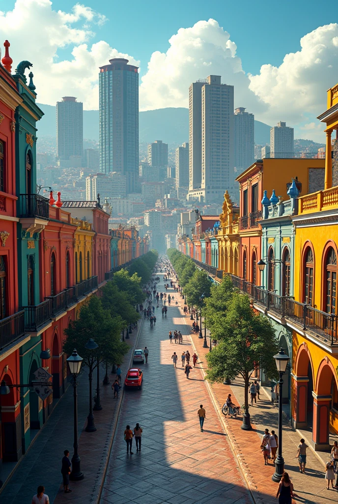 (photorealism:1.2), photorealistic image of a vibrant urban scene in Caracas, Venezuela, with colorful buildings and plaza bolivar de caracas in the bottom left part of the image