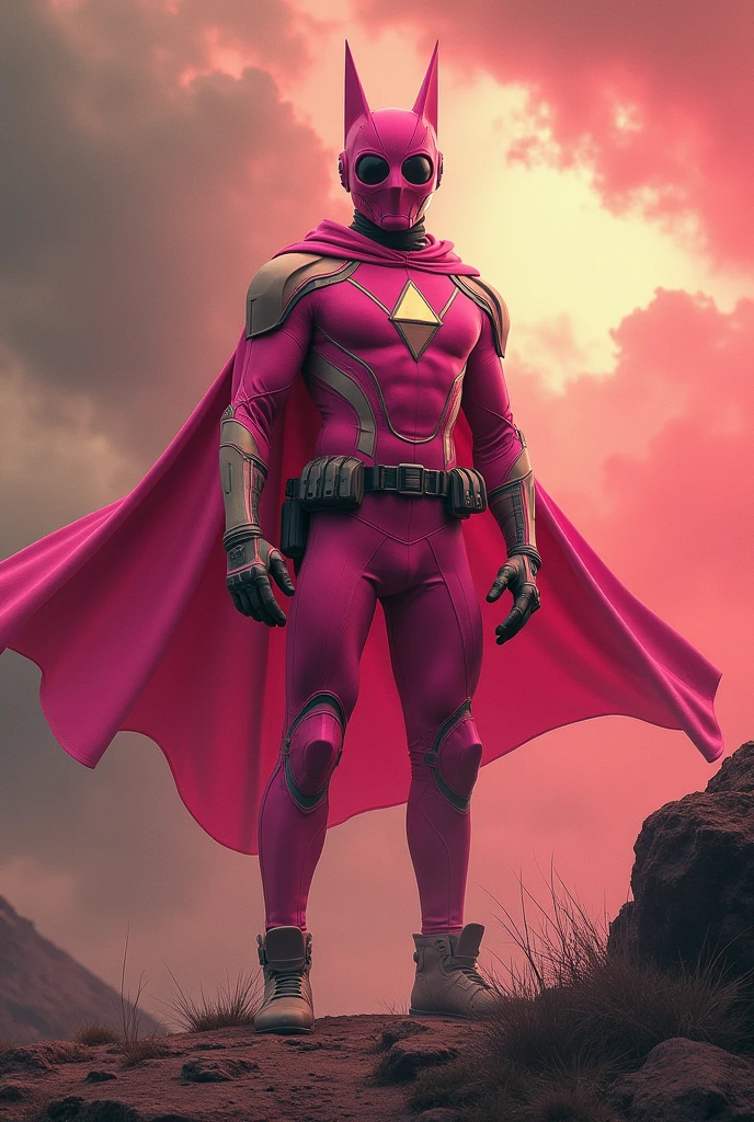high-tech suit, posterize effects, malaysian superhero (KELUANG MAN) in a striking pink and beige costume cyberpunk design, jumpsuit dark pink stands confidently in a dramatic, stormy landscape. ((Head covered node guard))The character wears a helmet with pointed ears and a flowing cape. Equipped with visible futuristic weapons on a belt, they exude a powerful presence against a backdrop of swirling clouds and a red hue sky.logo on chest triangle shape punisher center on chest pink logo . The ground is uneven and rocky, adding to the intense atmosphere. --ar 3:4 --style raw --stylize 500 --v 6.1