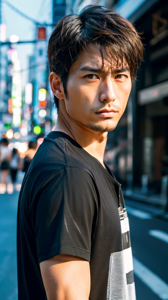 Photorealistic, 8K full-body poster, Handsome man, Japanese, 1 male, Serious expression, Sharp Eyes, Attractive look, Detailed facial details, Tokyo, summer, T-Shirts, Shibuya in the background