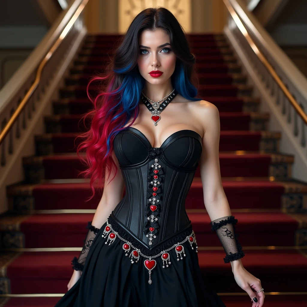 8k full view wearing a corset with black ribbon cross crossing, diamonds on the corset, red hearts, black skirt with a silver chain and diamonds on black shoes walking down the stairsbeautiful Italian American woman, blue eyes, long black and red ombre hair with blue highlights,