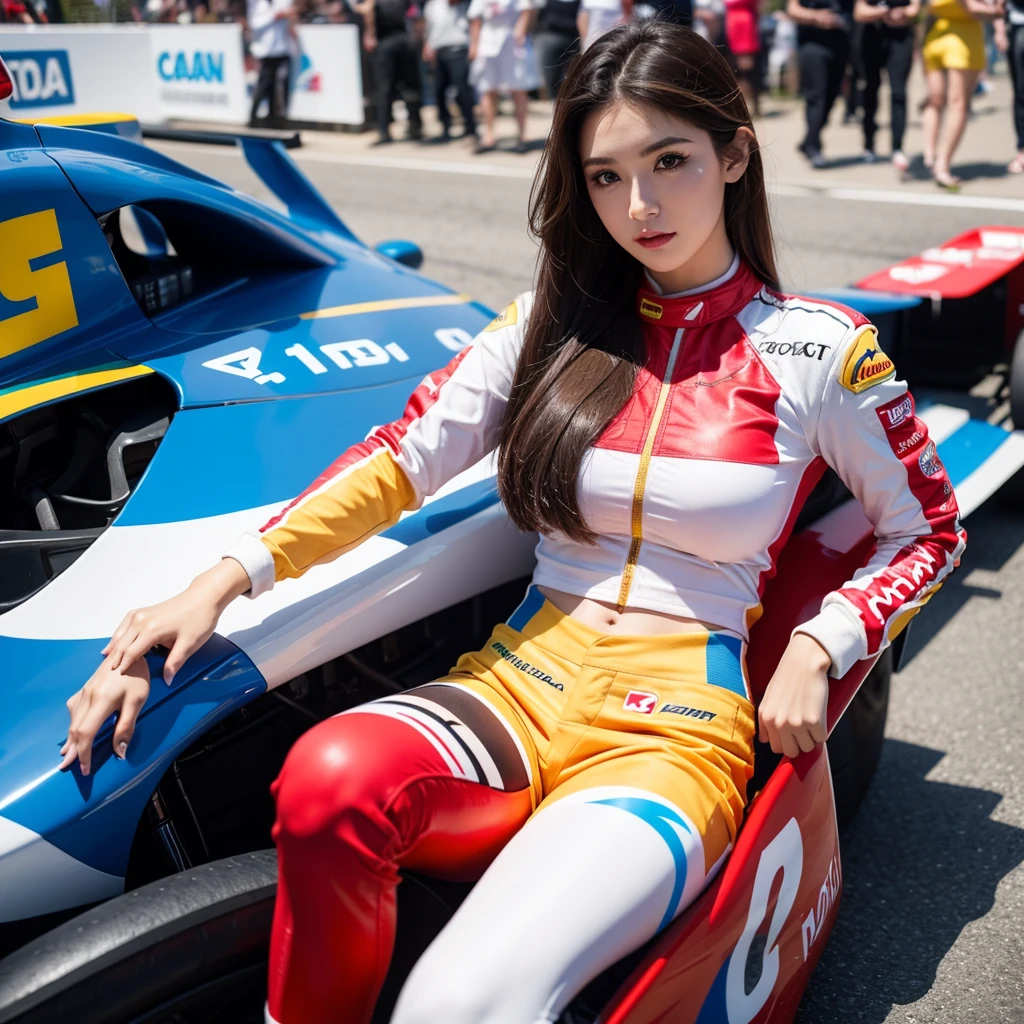 Super detailed photos、Detailed face、Cool woman、Colorful costumes、F1 Driver Cosplay、Colorful costumes、Clothing with company logo、The Grid Girls&#39; colorful and flashy costumes、Grid Girls、Perfect Face、Paddock Girls、harem、motor Show、tights、Bodycon Costumes、Grid Girls、Russia、Grid Girlsのコスプレ、belly button、Pleated skirt、Bodycon Costumes、Legs open pose、With legs spread