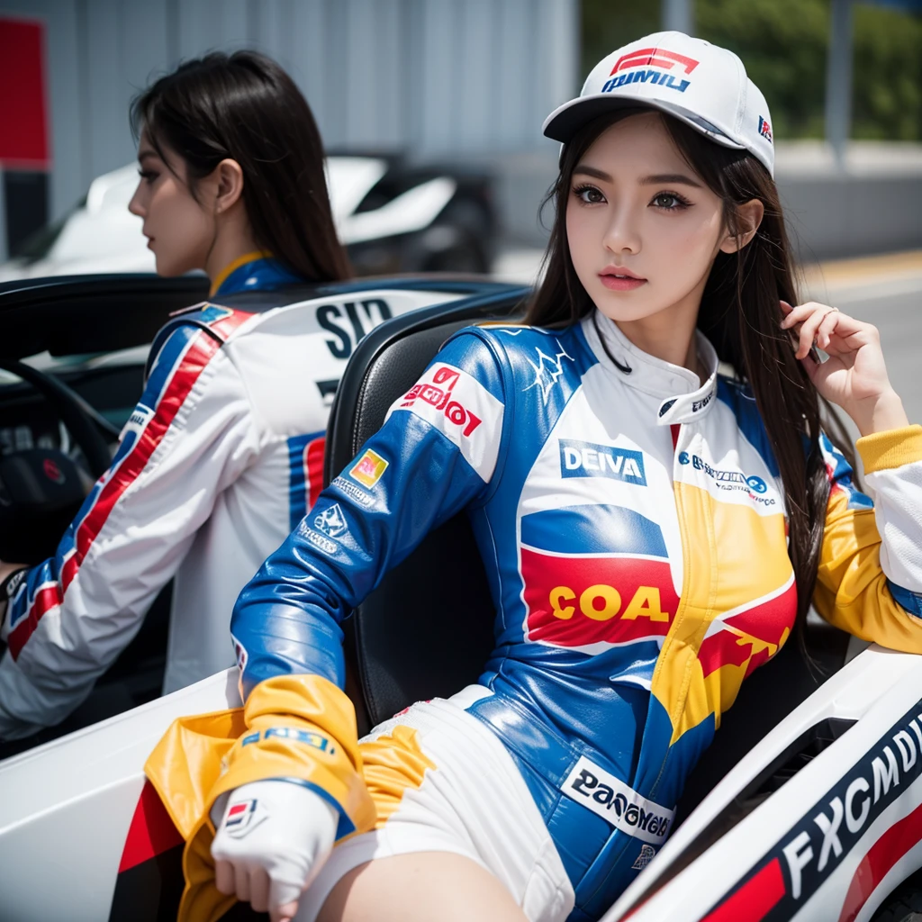 Super detailed photos、Detailed face、Cool woman、Colorful costumes、F1 Driver Cosplay、Colorful costumes、Clothing with company logo、The Grid Girls' colorful and flashy costumes、Grid Girls、Perfect Face、Paddock Girls、harem、motor Show、tights、Bodycon Costumes、Grid Girls、Russia、Grid Girlsのコスプレ、belly button、Pleated skirt、Bodycon Costumes、Legs open pose、With legs spread