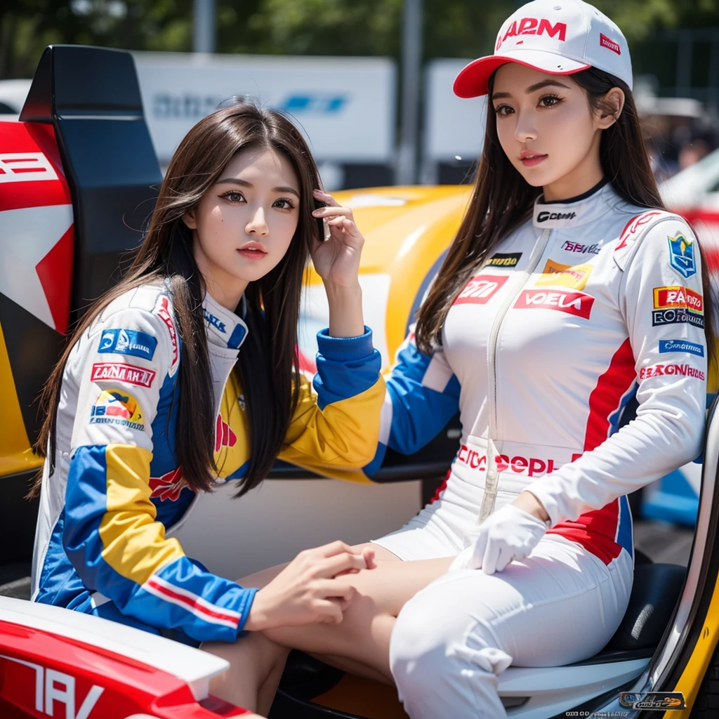 Super detailed photos、Detailed face、Cool woman、Colorful costumes、F1 Driver Cosplay、Colorful costumes、Clothing with company logo、The Grid Girls' colorful and flashy costumes、Grid Girls、Perfect Face、Paddock Girls、harem、motor Show、tights、Bodycon Costumes、Grid Girls、Russia、Grid Girlsのコスプレ、belly button、Pleated skirt、Bodycon Costumes、Legs open pose、With legs spread