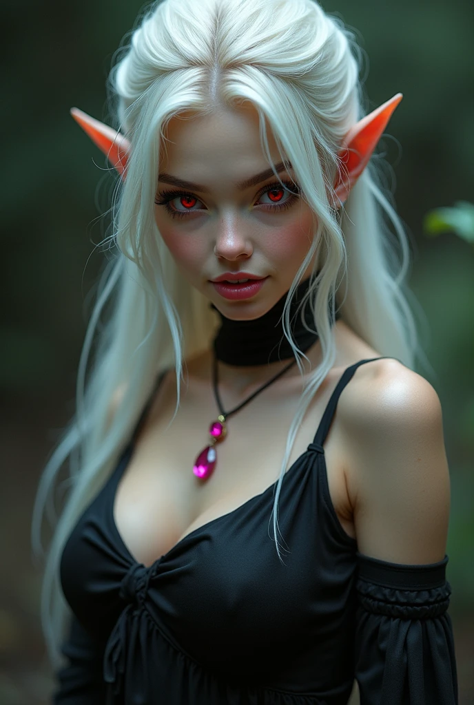 Looking into the camera, the elf girl, 1, wearing a dark dress and outfit, Red eyes, big sweet smile, long white hair tied up, fair skin, masterpiece, wearing a pink gem necklace, wearing black stockings on her hands, wearing a black headband, curvy body posture, old low quality, ahegao, tounge Out, sloppy face, spit naked,topless, nice tits, purple skin