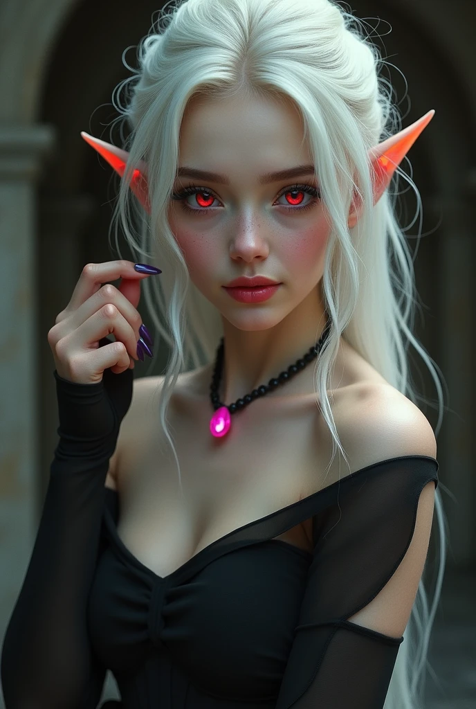 Looking into the camera, the elf girl, 1, wearing a dark dress and outfit, Red eyes, big sweet smile, long white hair tied up, fair skin, masterpiece, wearing a pink gem necklace, wearing black stockings on her hands, wearing a black headband, curvy body posture, old low quality, ahegao, tounge Out, sloppy face, spit on face,drooling