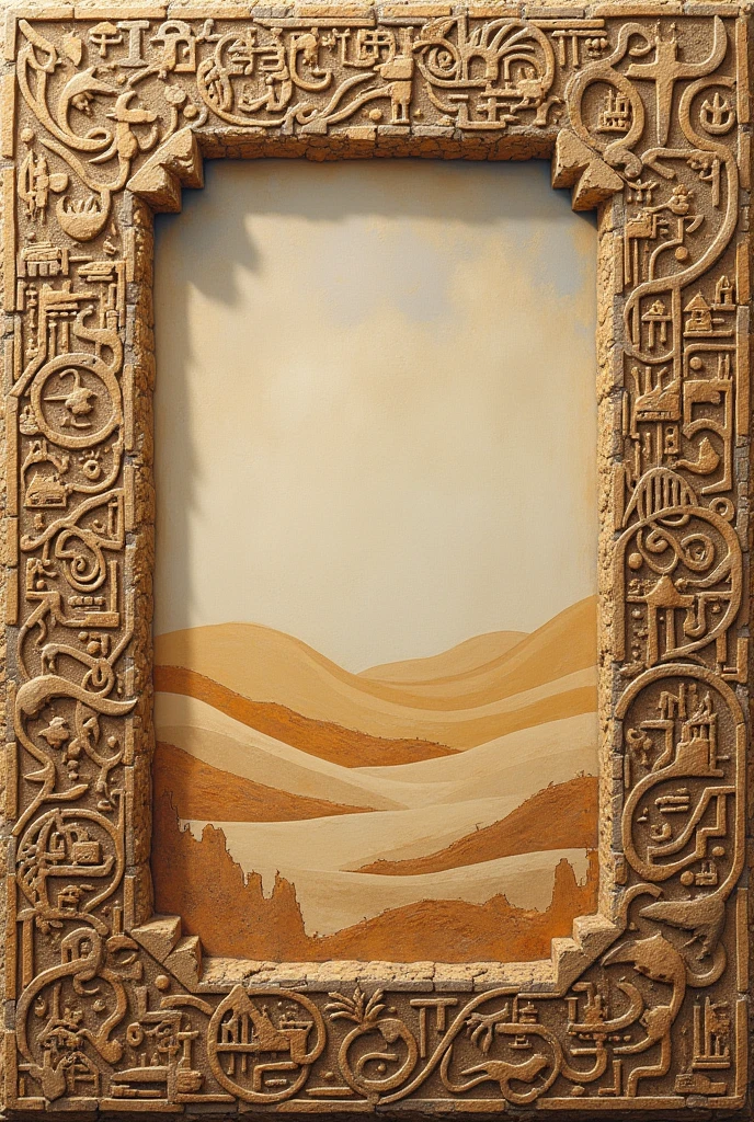 a complicated mosaic picture as a frame with various ancient desert motifs. Countless motifs, which are interwoven. From old, weathered stones. Only in different sand colours