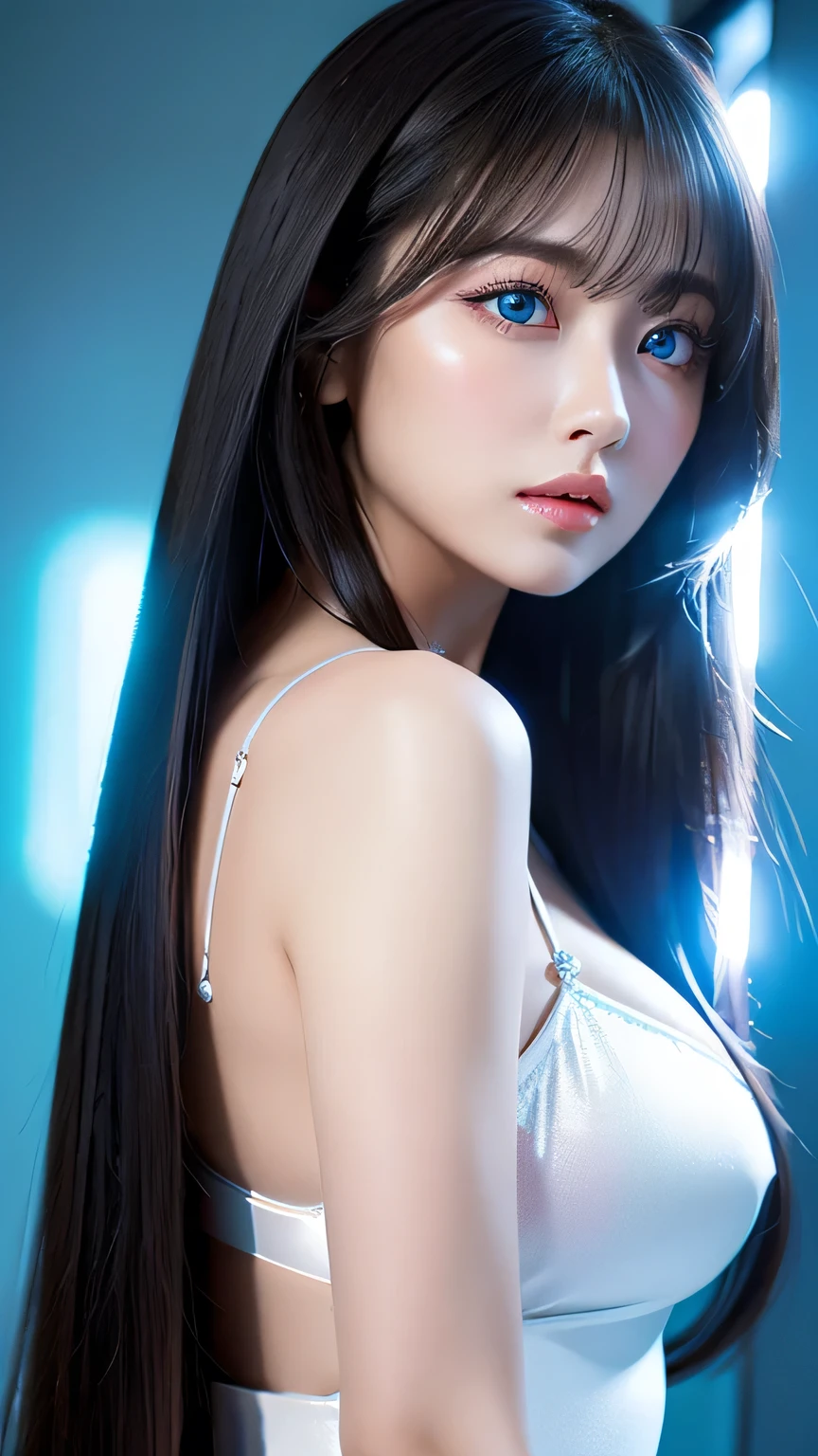 Unparalleled beauty, Shiny, firm, glowing skin, Bangs between the eyes, Beautiful luster, Straight Platinum Black, Super long straight silky hair, eyeliner, sexlyで美しい無邪気な20歳, High resolution, Very bright and beautiful big glowing light blue eyes、Very big eyes、Beautiful and adorable, ((Huge ))、((erotic、sexly、超High resolution、The lighting is bright、Precise needles without discomfort))、