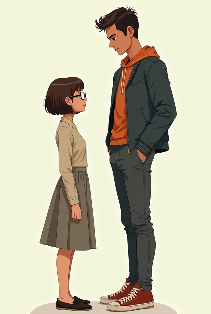 Create an image of a short girl with glasses and straight hair with a tall thin man with a football player