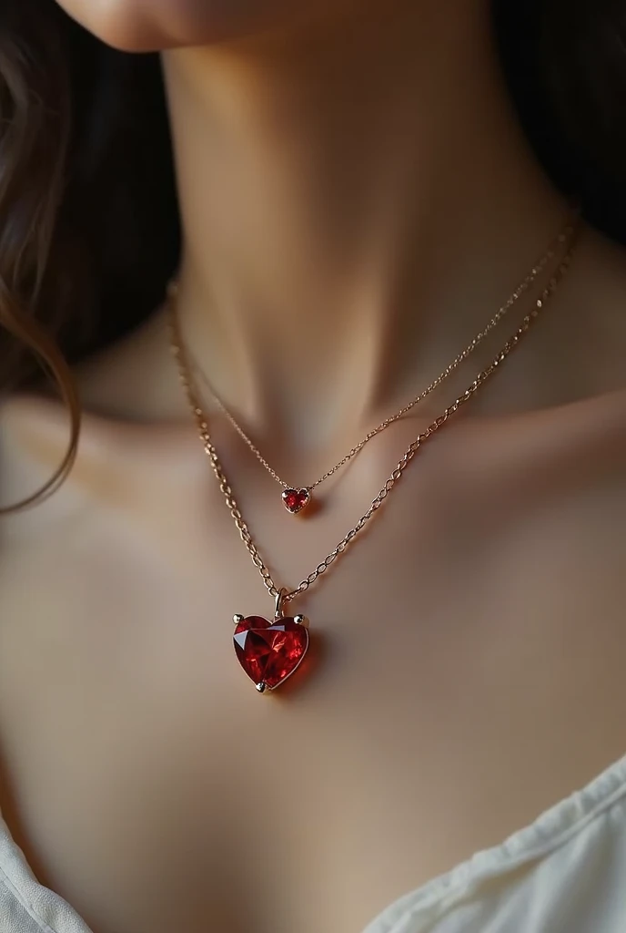 A women nicklace with a thin chain connected at the end a red dimond, designed like a broken Heart
