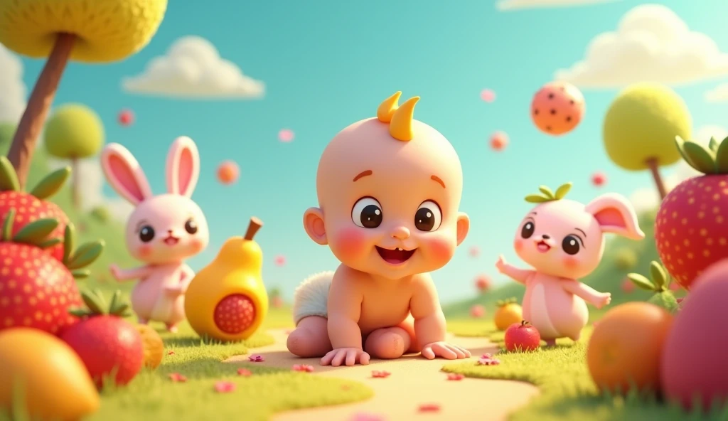 Baby world A cute baby playing with cute fruit character and cute bunny 3D cartoon