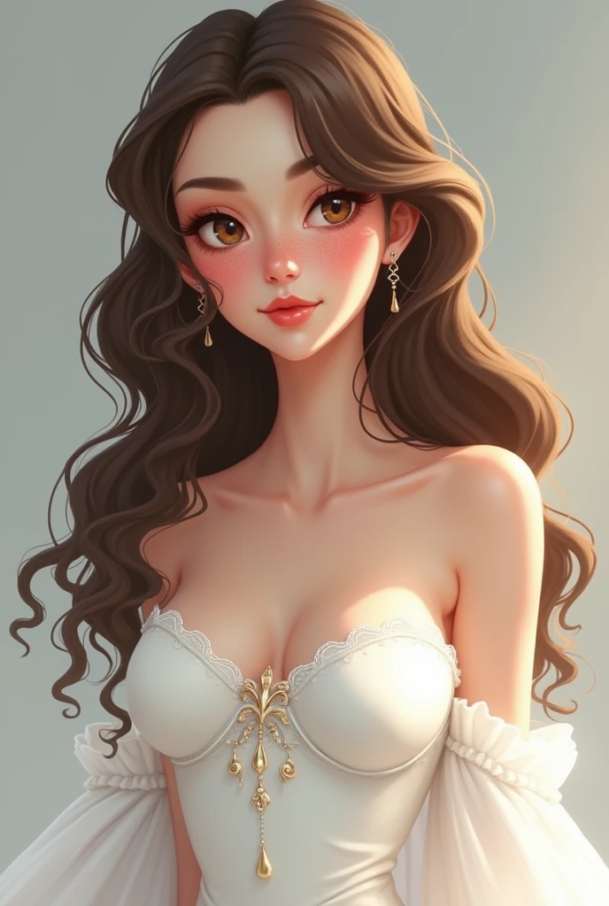 princesselise, stark, brava, feminine, femininity, white, medium brown hair, long hair, Wavy hair, medium brown eyes, nose hand is thin, sexy princess dress, White, few freckles on the nose, not very thin