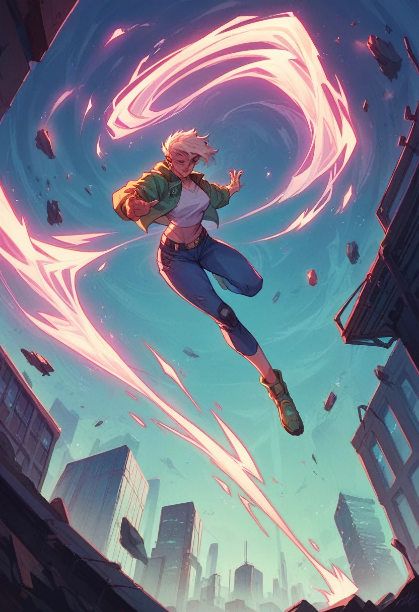 Scene from the movie, Woman dressed as Green Lantern from DC, extremely detailed, futuristic cityscape, nighttime, glowing neon lights, smoke, sparks, metal shavings, flying debris, blue energy effects, volumetric light
