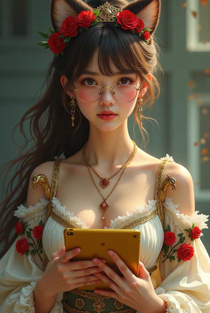 Imagem da filha da Ramona Badwof e da Rosabella Beauty de Ever After High: Must have a long wavy brown ponytail with bangs and must have red highlights in the hair, first of all, light brown eyes, brown glasses with a red rose, long white blouse with red roses and green leaves on the blouse and sleeves, golden skirt with golden roses, a faux fur collar around the neck of gray color, brown high heel boots with roses, golden flower tiara on head, wolf earrings, wolf pendant and a yellow tablet with red roses in hands