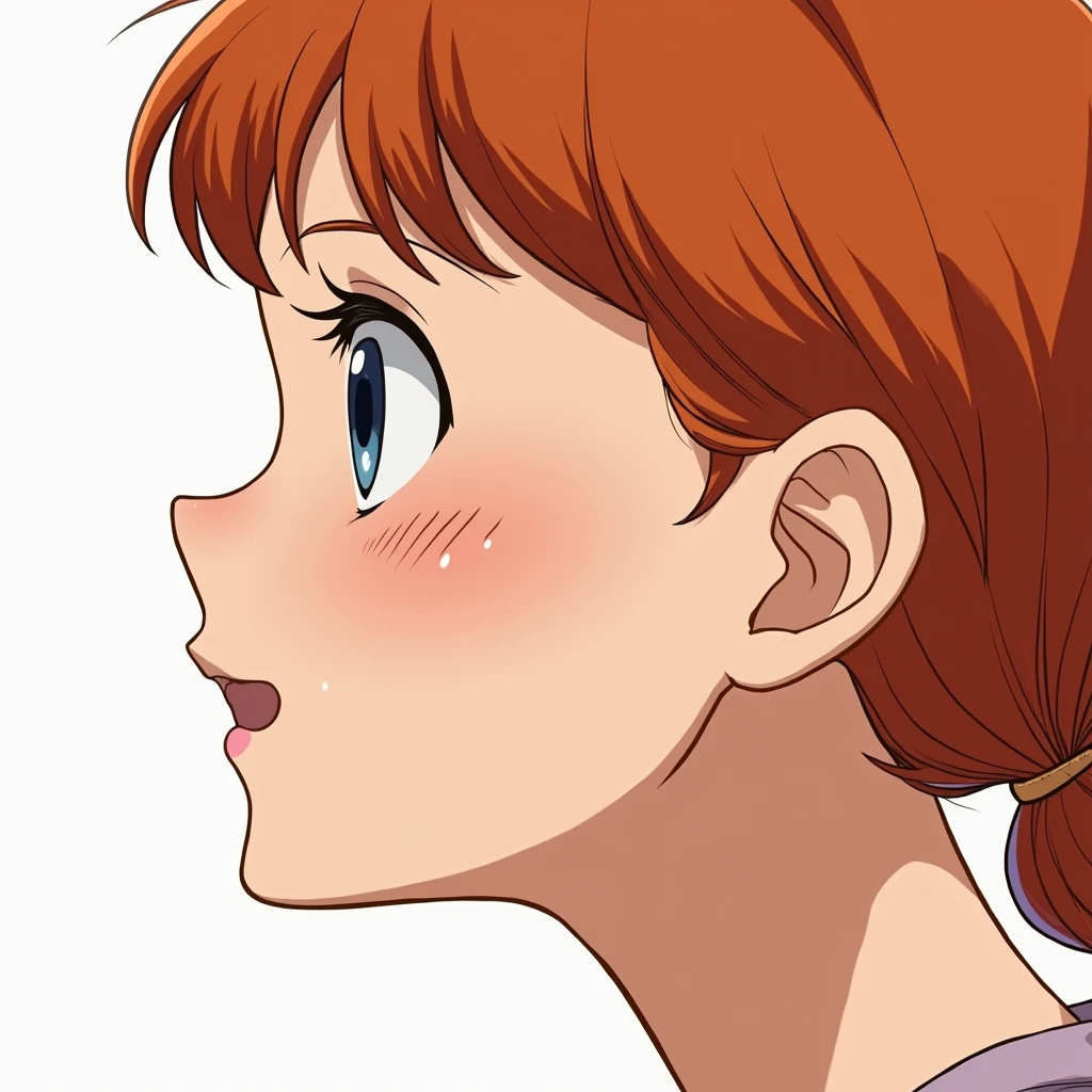 large close-up of the face of a beautiful girl all over, girl in profile, red-haired, smiling, looking at the camera, the whole face is in sharp focus, it is on a white background