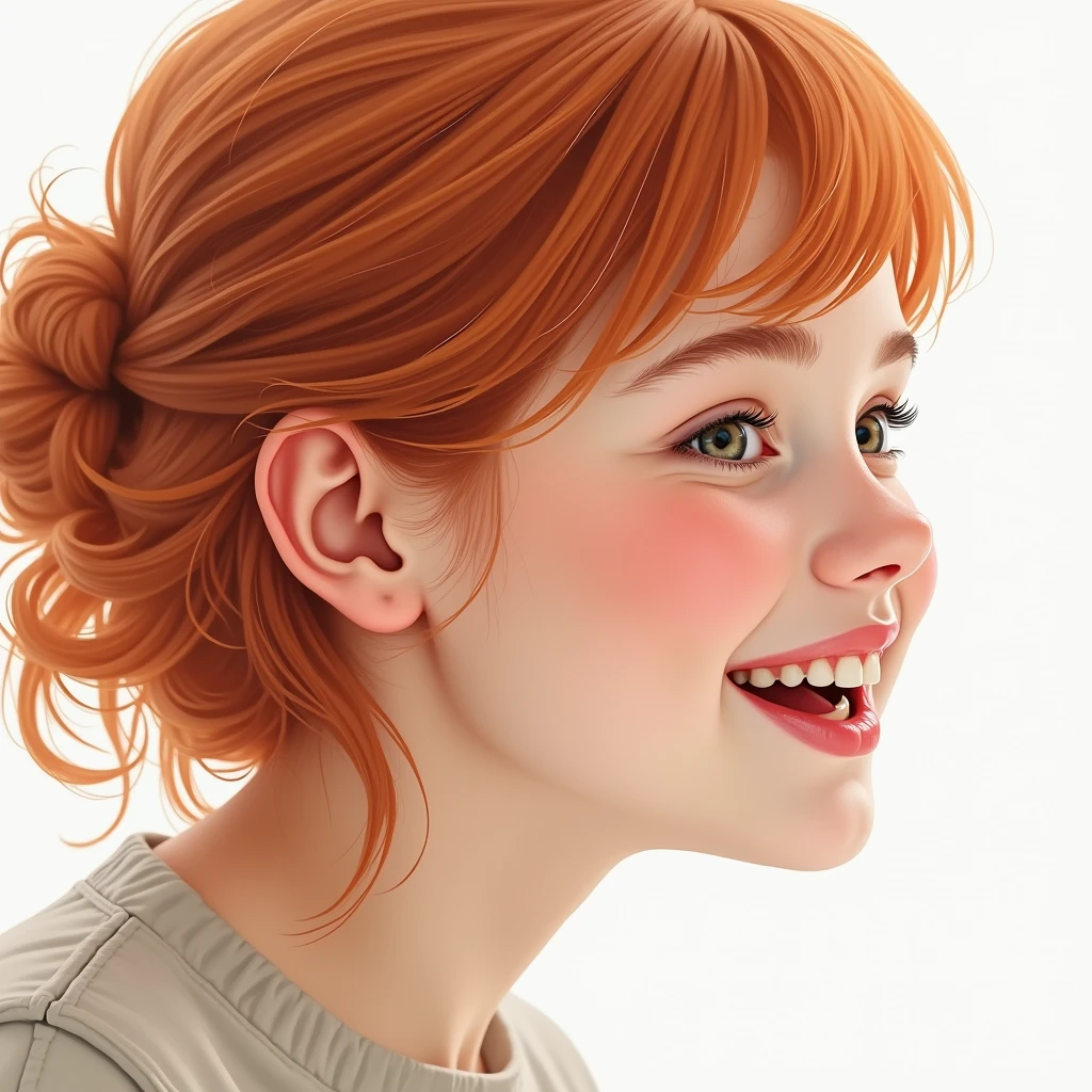 large close-up of the face of a beautiful girl all over, girl in profile, red-haired, smiling, looking at the camera, the whole face is in sharp focus, it is on a white background