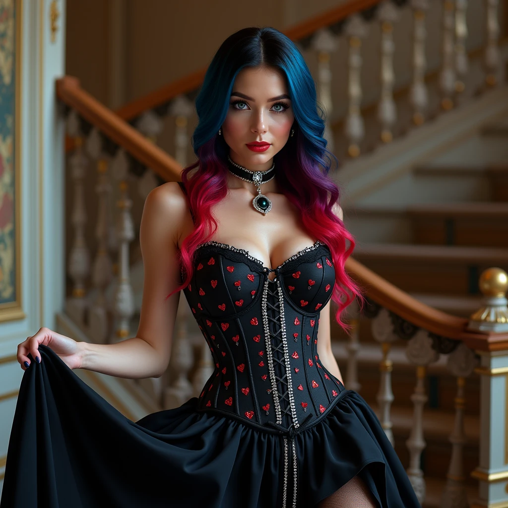 8k full view wearing a corset with black ribbon cross crossing, diamonds on the corset, red hearts, black skirt with a silver chain and diamonds on black shoes walking down the stairsbeautiful Italian American woman, blue eyes, long black and red ombre hair with blue highlights,