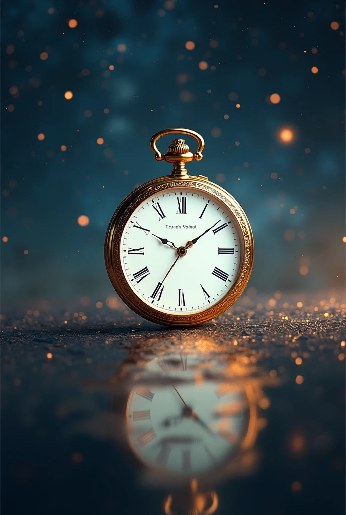 Space studded with sparkling stars、A golden pocket watch is reflected large in the center、There is a long hand, a short hand, and a second hand、Stars are々Size、A little dark space、The dial of the pocket watch is white