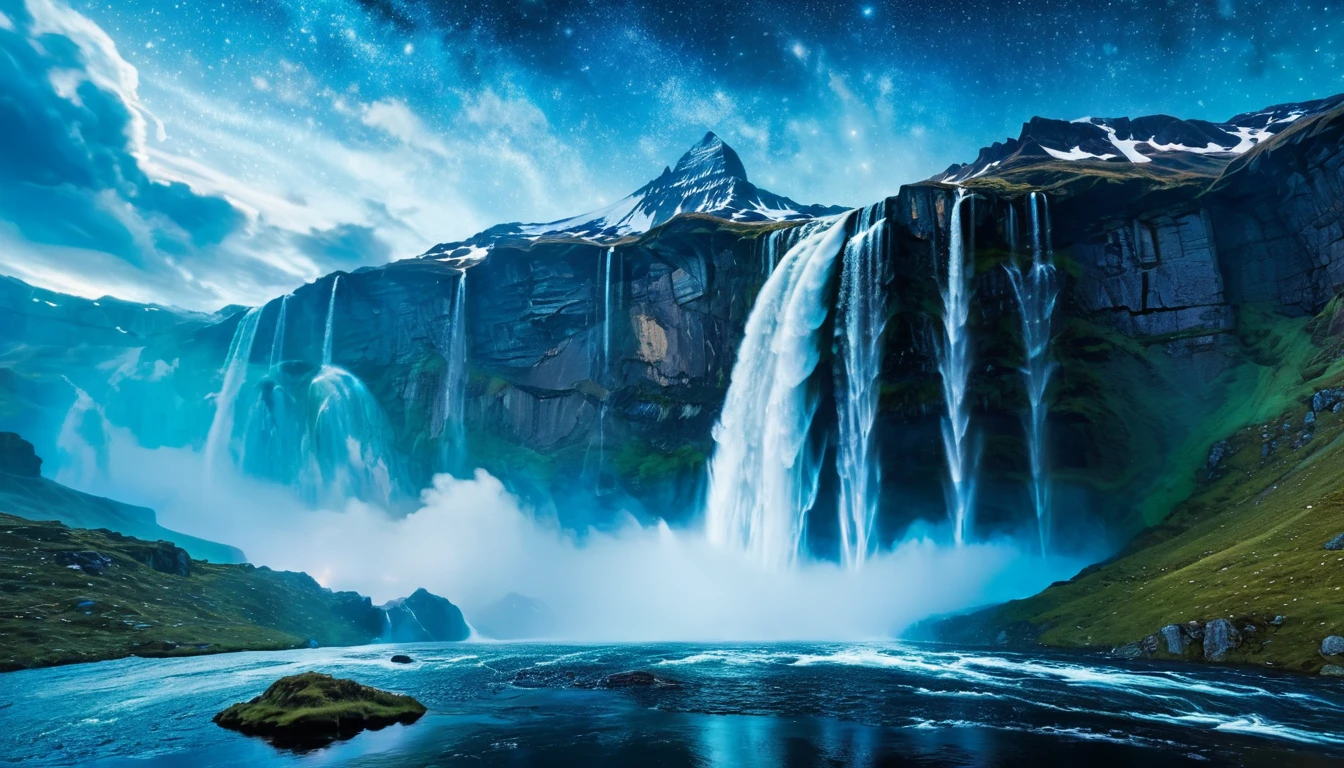 In the vast expanse of space, a waterfall cascades down from the clouds of Asgard, its crystalline droplets reflecting the stars and sparkling nebulae. Capture the raw power and ethereal beauty of Norse mythology's most iconic landscape, defined by stunning realism and meticulous attention to detail.
