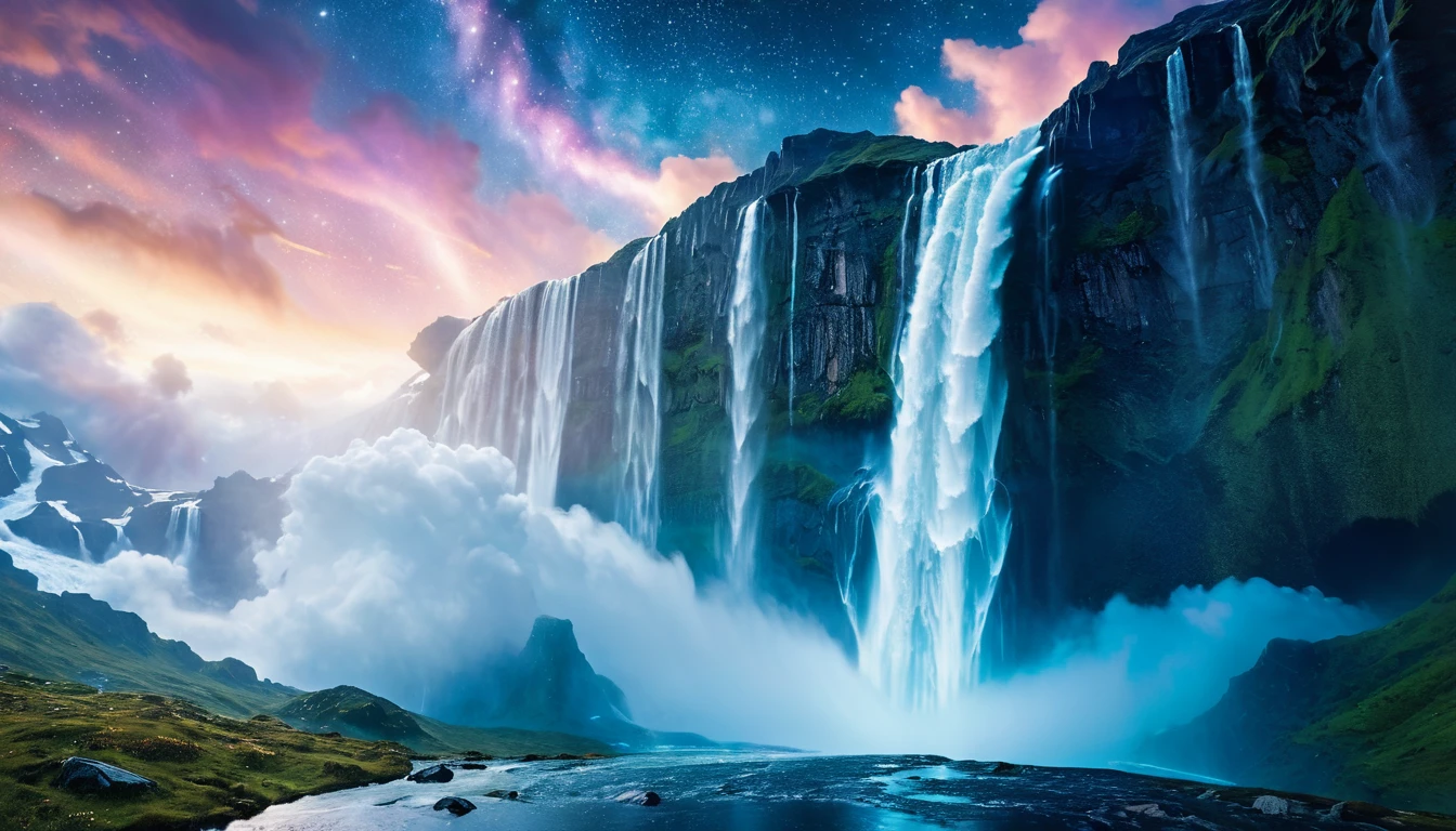 In the vast expanse of space, a waterfall cascades down from the clouds of Asgard, its crystalline droplets reflecting the stars and sparkling nebulae. Capture the raw power and ethereal beauty of Norse mythology&#39;s most iconic landscape, defined by stunning realism and meticulous attention to detail.
