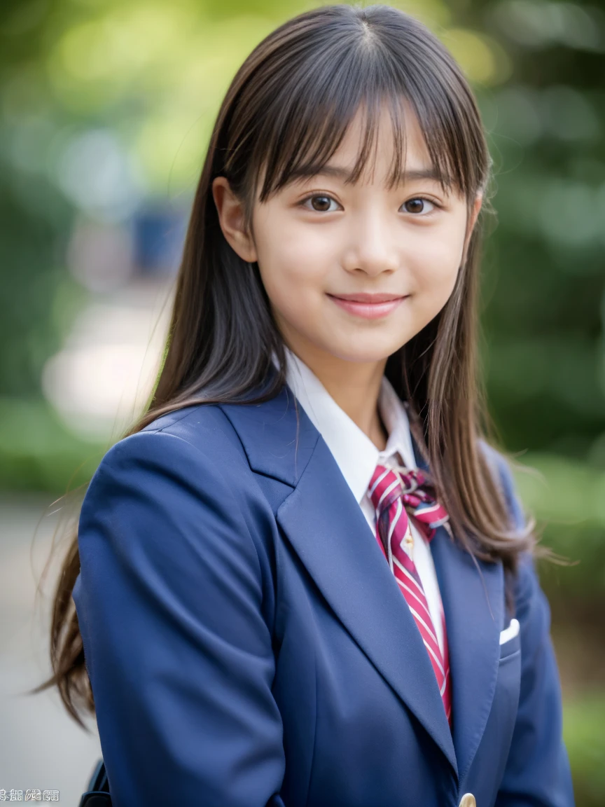 ((Tabletop)), 8k, Highest quality, 1 person, alone, single eyelid、Small Eyes、Small pupils、Smaller pupils, 柔らかいsmile, RAW Photos、normal skin type、Japanese、Gentle expression, Realistic, cute, Dark blue short skirt, Dark blue ribbon, Dark blue blazer uniform, (Japanese schoolgirl), smile, ((looking at the camera)), Long Hair, Full Body Shot,
