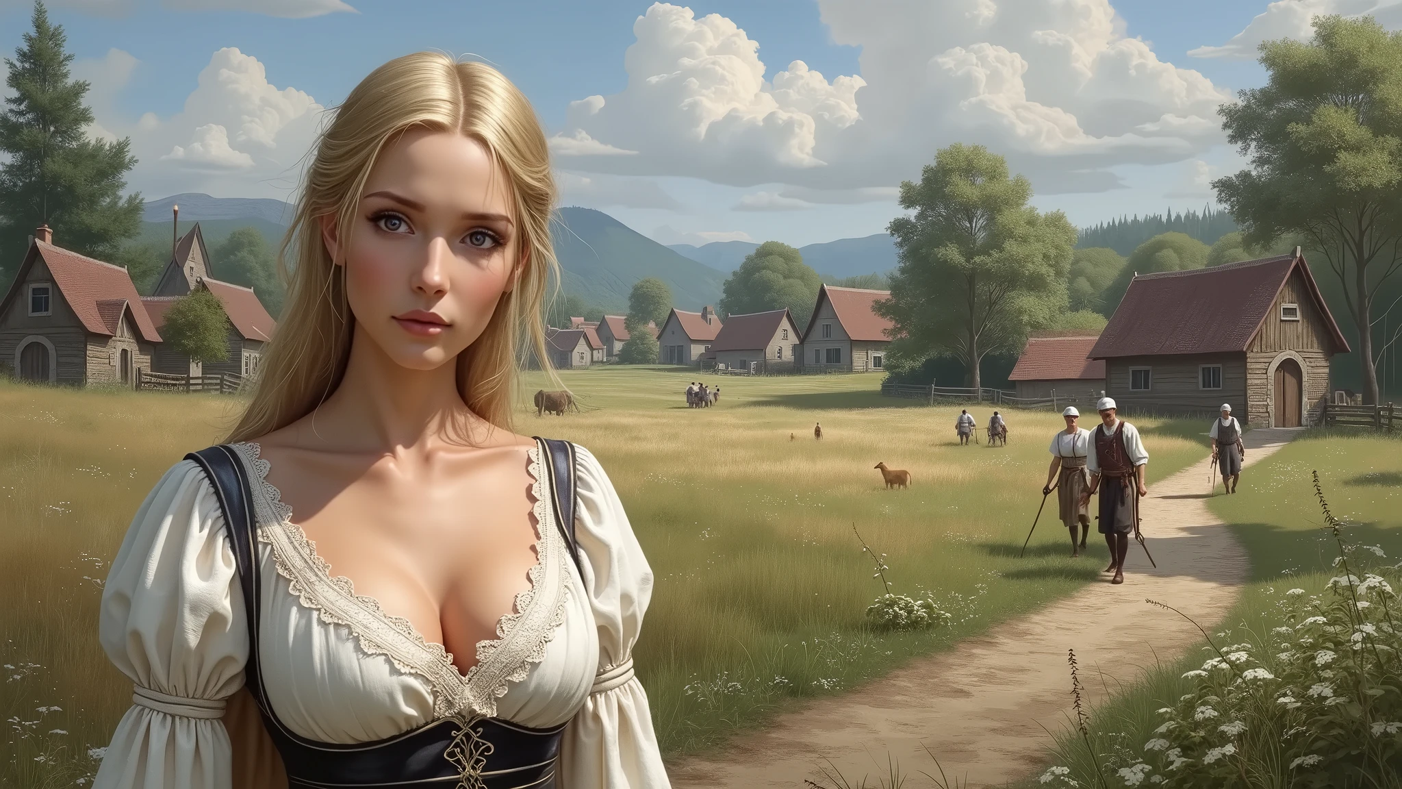 Masterpiece, Best Quality, (Perfect Face:1.1) , (High Detail:1.1), a photograph of Guinwen by Crvgg, Guinwen as a young maid, 8k, 1 girl, realistic photograph, pretty face, Face of Guinwen, beautifully detailed eyes, muito detalhado, blond hair, blonde hair, gray eyes, visible waist, large breasts, huge breasts, full cleavage, Hairline, in the background a medieval farming village, Farmers in the background, Peasant dress, fully clothed, Mediovale, Portrait, Fields in the background, small farmhouses, full body, oil painting, nipples showing, (photorealism:1.2), photorealistic,