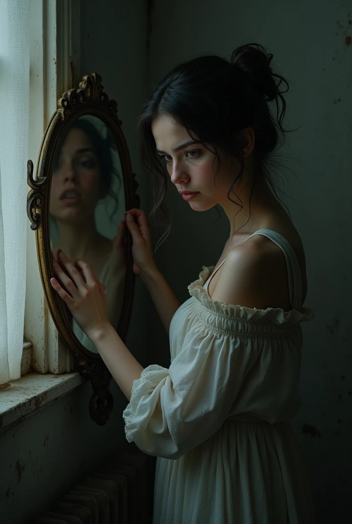A dimly lit room with an antique mirror leaning against the wall, Partially covered with dusty cloth. I see a young woman cleaning., With a slightly anxious look. My face is reflected in the mirror
