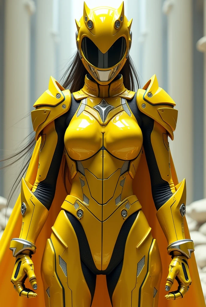 Yellow Power Ranger Girl with full shining shimmering armor,full covered face, eyes hidden and with hair hidden