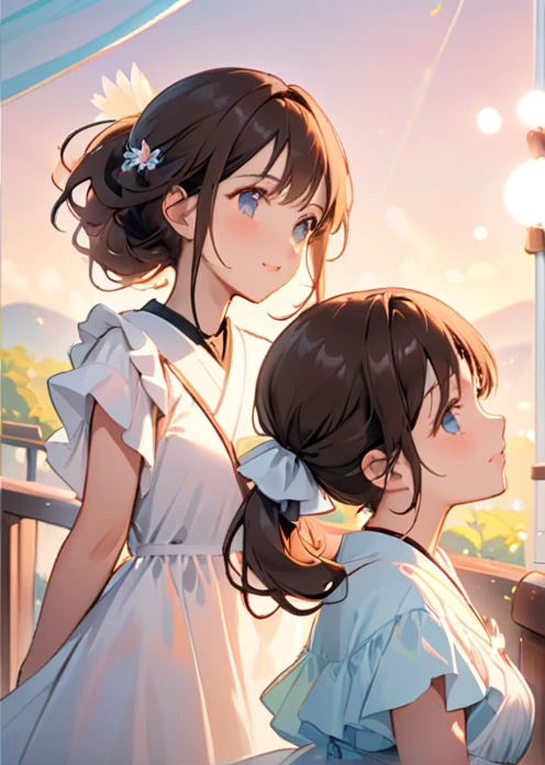 (Highest quality:1.2), Beautiful lo-fi minimalist vibe, Two cute Japanese women, Light bokeh, Soft colors, Sparkling, Dynamic Side Angle, Natural soft lighting, 4K resolution, shape, pastel four colors,Brown Hair Color、White ruffle dress,