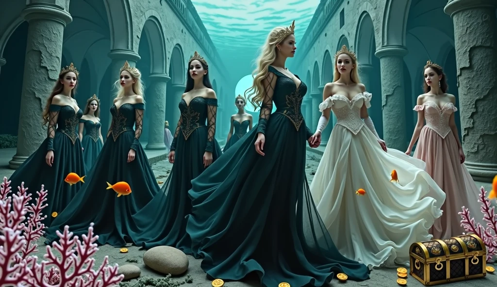 Extra wide angle 16:9 in a big under water ballroom. A super-realistic 18 y.o. beautiful queen sisters and friends mixed together, each in a different poses, europeans. 3 queens are dressed in a black many layered medieval lace-dresses in many layered riven and flowing with gothic garnish. Hyper-realistic fine detailed human eyes 1:1, black long flowing hair with black crowns. 4 queens have light blonde long hair, wearing shiny-gold crowns with pink crystals, dressed in a white and pale pink lace, medieval dresses 1:1. All the queens have best perfect hands, five fingers on each hand, small breasts cleavage, (fine detailed perfect eyes 1:1). Hyper detailed skin on body 1:1. Their faces have perfect detailed skin 1:1. They are all floating in a dark deep sea above a((big medieval ballroom very old realistic 1:3) in an old gothic perished palace)) on the bottom of the sea. Night scene with only pale moonlight. On the bottom of the palace floor are pink corals. Sea moss. Bright colored blue, pink, orange, green fishes swimming around. Octopus. Treasure chest with gold coins and jewelry in it. A fantastic scene that uses 3D Surreal 3D model.The entire setup is masterpiece 1:3 framed with the grandeur of medieval gothic style. photographed in a Canon EOS R5, 50mm Lens, F/2.8, (8K)"