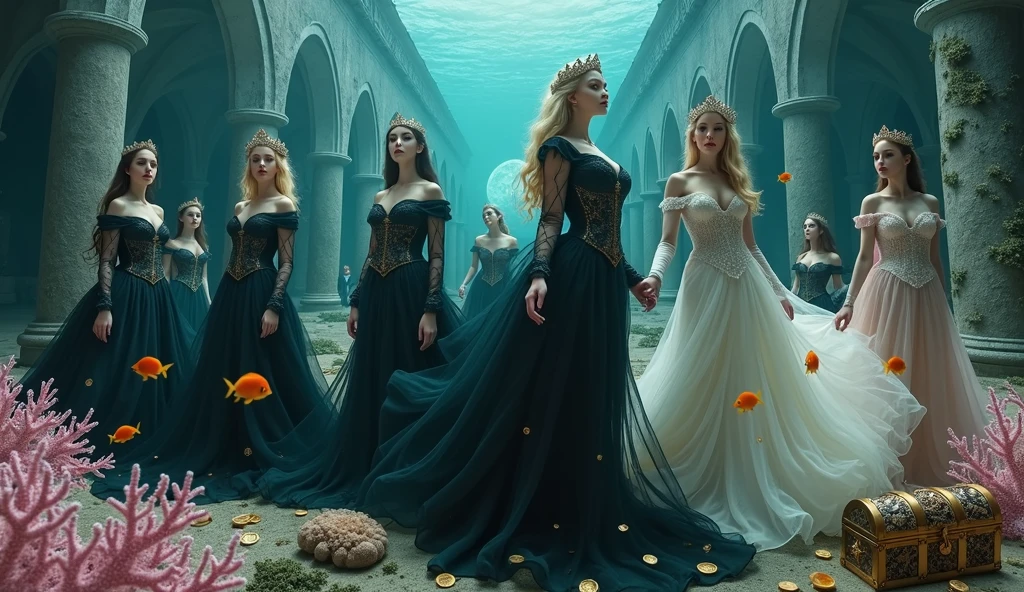 Extra wide angle 16:9 in a big under water ballroom. A super-realistic 18 y.o. beautiful queen sisters and friends mixed together, each in a different poses, europeans. 3 queens are dressed in a black many layered medieval lace-dresses in many layered riven and flowing with gothic garnish. Hyper-realistic fine detailed human eyes 1:1, black long flowing hair with black crowns. 4 queens have light blonde long hair, wearing shiny-gold crowns with pink crystals, dressed in a white and pale pink lace, medieval dresses 1:1. All the queens have best perfect hands, five fingers on each hand, small breasts cleavage, (fine detailed perfect eyes 1:1). Hyper detailed skin on body 1:1. Their faces have perfect detailed skin 1:1. They are all floating in a dark deep sea above a((big medieval ballroom very old realistic 1:3) in an old gothic perished palace)) on the bottom of the sea. Night scene with only pale moonlight. On the bottom of the palace floor are pink corals. Sea moss. Bright colored blue, pink, orange, green fishes swimming around. Octopus. Treasure chest with gold coins and jewelry in it. A fantastic scene that uses 3D Surreal 3D model.The entire setup is masterpiece 1:3 framed with the grandeur of medieval gothic style. photographed in a Canon EOS R5, 50mm Lens, F/2.8, (8K)"