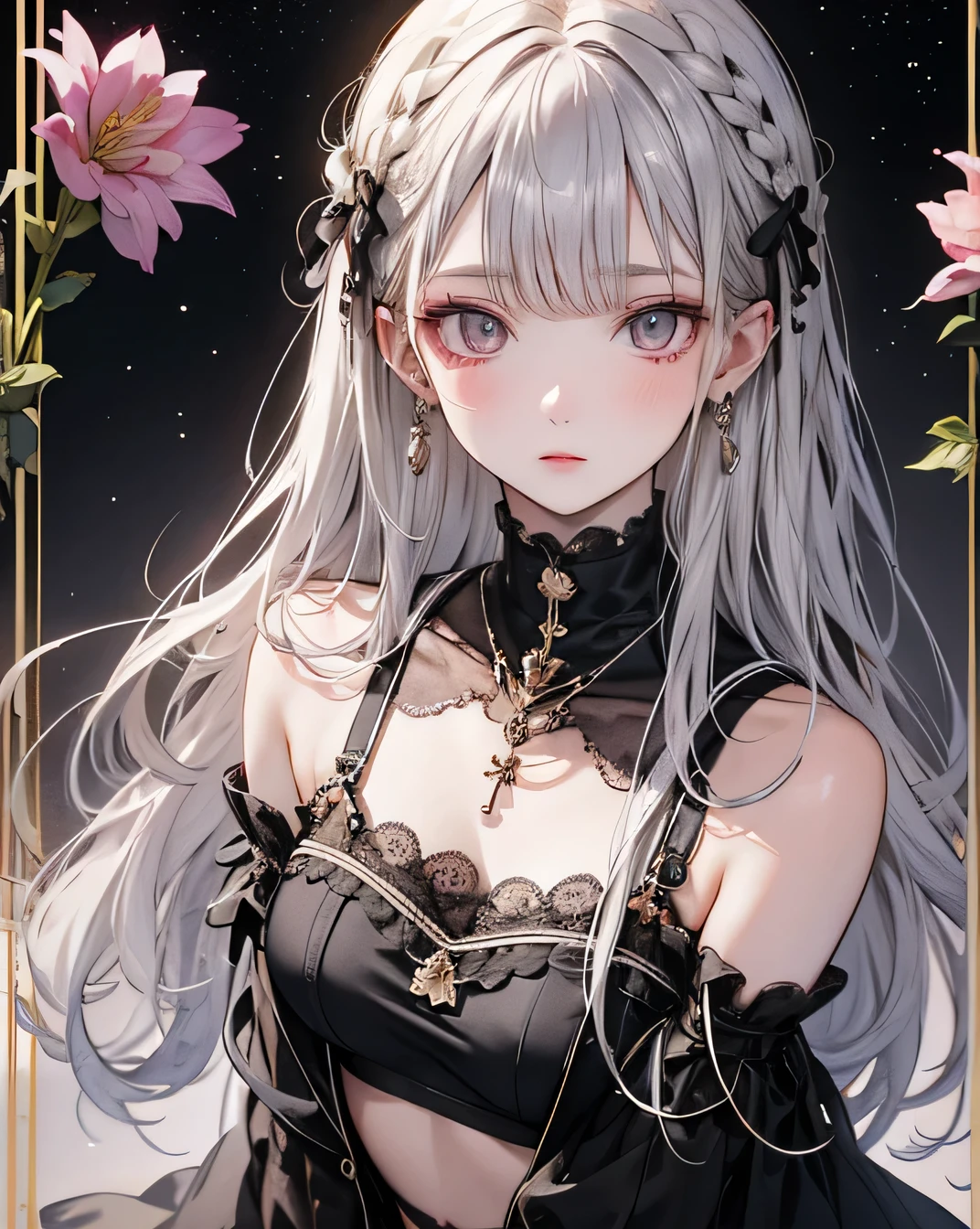 High resolution, 4K, Masterpiece, Best night, full moon, One beautiful woman, Mature Woman, Cold Face, Expressionless, silvery white, Long Hair, Pale pink lips, calm, intellectual, Three Belts, Grey Eyes, assassin, Flowers,