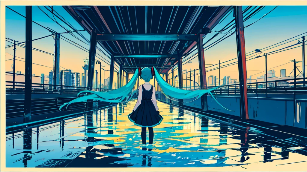 (masterpiece, Highest quality:1.3), (Flat Color:1.3),(colorful:1.3),View your viewers,One person,alone,floating colorful water,(2D:1.3), Hatsune Miku,Sunrise, Streets, Sunshine