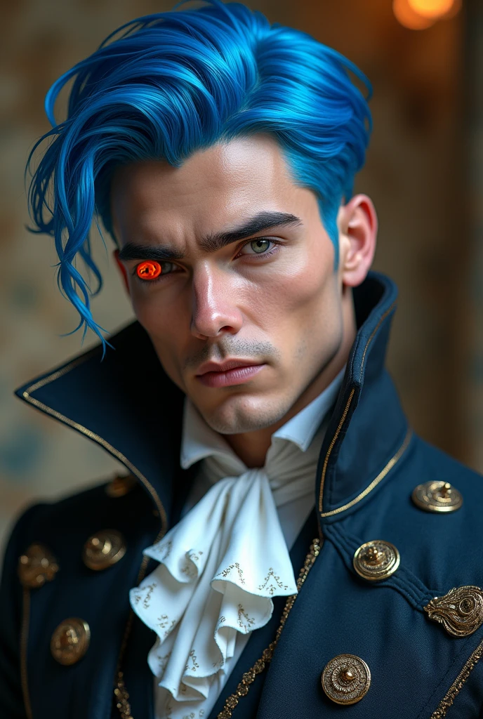 (photorealism:1.2), handsome man, blue hair, orange eye, wear the uniform, magician, by KIDMO.