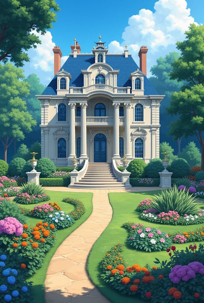 A large, luxurious, classic mansion with the main colors being blue and white. The villa's garden is planted with many colorful flowers. anime style
