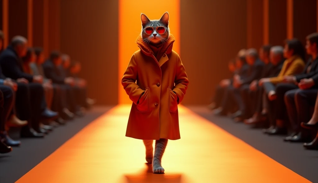 This photo depicts a cat wearing a dark orange coat, styled like a winter coat with a high collar and two side pockets. The cat is wearing orange sunglasses, the color tone matches the shirt and background, creating a fashionable and stylish style. All details in the image are in orange or bright orange tones, creating uniformity and prominence. A cinematic fashion show. confidently walk on the runway. The background should have dramatic lighting and the audience should sit on either side to watch the show.