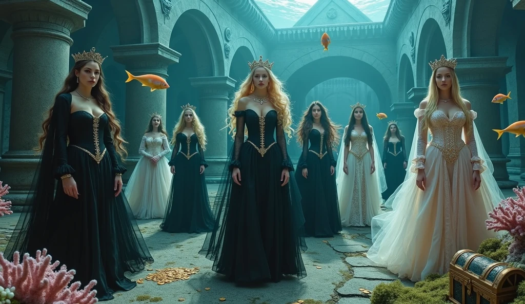 Extra wide angle 16:9 in a big under water ballroom. A super-realistic 18 y.o. beautiful queen sisters and friends mixed together, each in a different poses, europeans. 3 queens are dressed in a black many layered medieval lace-dresses in many layered riven and flowing with gothic garnish. Hyper-realistic fine detailed human eyes 1:1, black long flowing hair with black crowns. 4 queens have light blonde long hair, wearing shiny-gold crowns with pink crystals, dressed in a white and pale pink lace, medieval dresses 1:1. All the queens have best perfect hands, five fingers on each hand, small breasts cleavage, (fine detailed perfect eyes 1:1). Hyper detailed skin on body 1:1. Their faces have perfect detailed skin 1:1. They are all floating in a dark deep sea above a((big medieval ballroom very old realistic 1:3) in an old gothic perished palace)) on the bottom of the sea. Night scene with only pale moonlight. On the bottom of the palace floor are pink corals. Sea moss. Bright colored blue, pink, orange, green fishes swimming around. Octopus. Treasure chest with gold coins and jewelry in it. A fantastic scene that uses 3D Surreal 3D model.The entire setup is masterpiece 1:3 framed with the grandeur of medieval gothic style. photographed in a Canon EOS R5, 50mm Lens, F/2.8, (8K)"