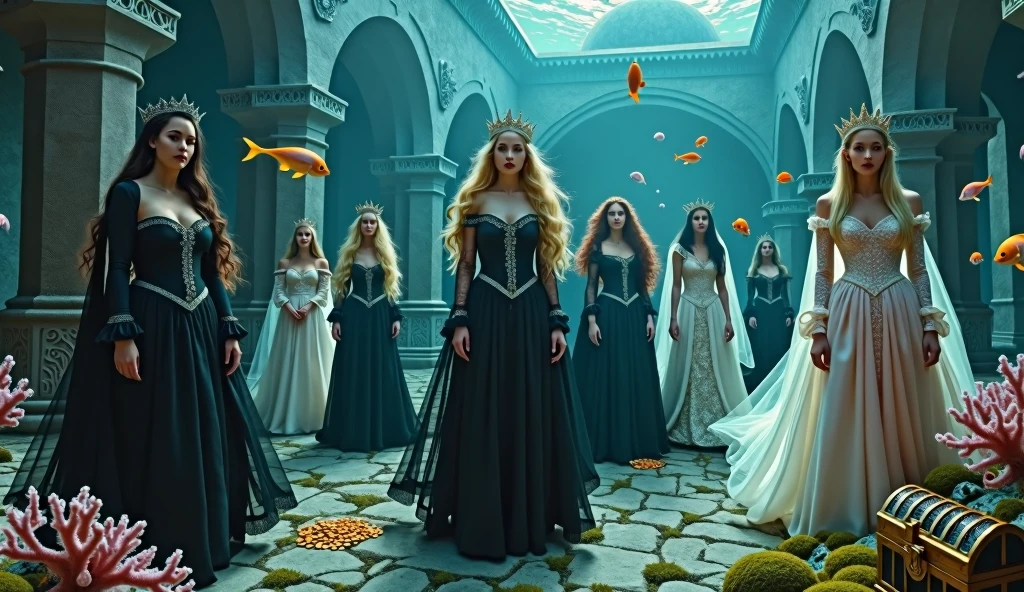 Extra wide angle 16:9 in a big under water ballroom. A super-realistic 18 y.o. beautiful queen sisters and friends mixed together, each in a different poses, europeans. 3 queens are dressed in a black many layered medieval lace-dresses in many layered riven and flowing with gothic garnish. Hyper-realistic fine detailed human eyes 1:1, black long flowing hair with black crowns. 4 queens have light blonde long hair, wearing shiny-gold crowns with pink crystals, dressed in a white and pale pink lace, medieval dresses 1:1. All the queens have best perfect hands, five fingers on each hand, small breasts cleavage, (fine detailed perfect eyes 1:1). Hyper detailed skin on body 1:1. Their faces have perfect detailed skin 1:1. They are all floating in a dark deep sea above a((big medieval ballroom very old realistic 1:3) in an old gothic perished palace)) on the bottom of the sea. Night scene with only pale moonlight. On the bottom of the palace floor are pink corals. Sea moss. Bright colored blue, pink, orange, green fishes swimming around. Octopus. Treasure chest with gold coins and jewelry in it. A fantastic scene that uses 3D Surreal 3D model.The entire setup is masterpiece 1:3 framed with the grandeur of medieval gothic style. photographed in a Canon EOS R5, 50mm Lens, F/2.8, (8K)"